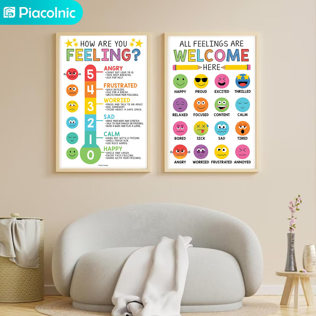 4Pcs Feelings Chart Classroom Posters, 11X17inch Calm Down Corner Wall Art, Inspirational Classroom Posters for Bulletin Board Classroom Décor School Preschool Mental Health Therapy Office