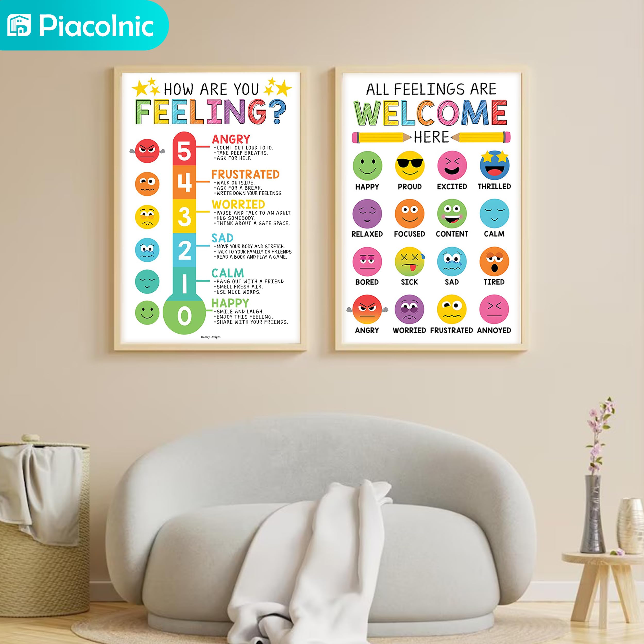4Pcs Feelings Chart Classroom Posters, 11X17inch Calm Down Corner Wall Art, Inspirational Classroom Posters for Bulletin Board Classroom Décor School Preschool Mental Health Therapy Office
