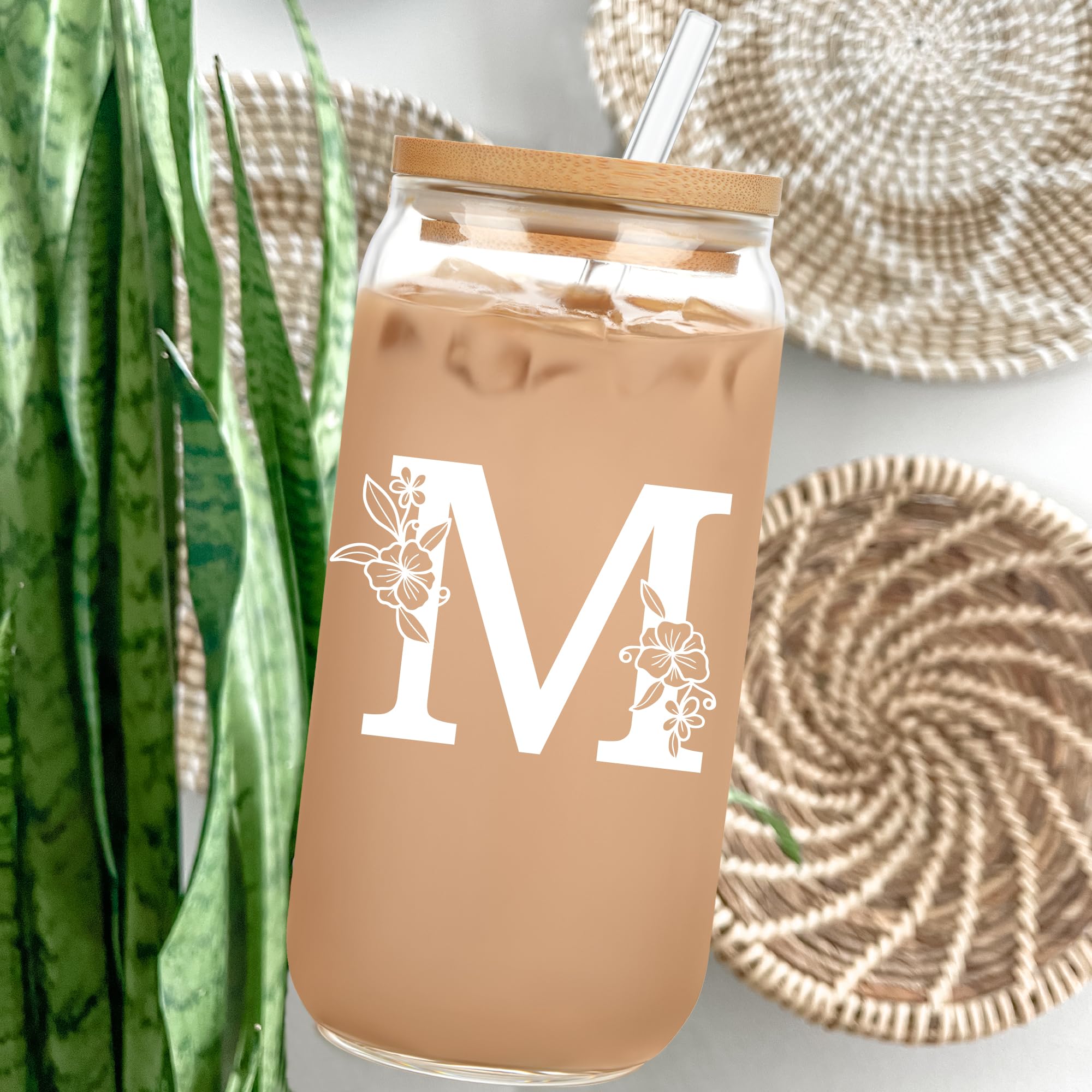 Personalized Customized Gifts for Women, Cute Monogrammed Glass Cups with Lids and Straws, Initial Iced Coffee Cup Drinking Glasses, Custom Letter Mug Tumbler, Birthday Christmas Gifts for Her Mom, M