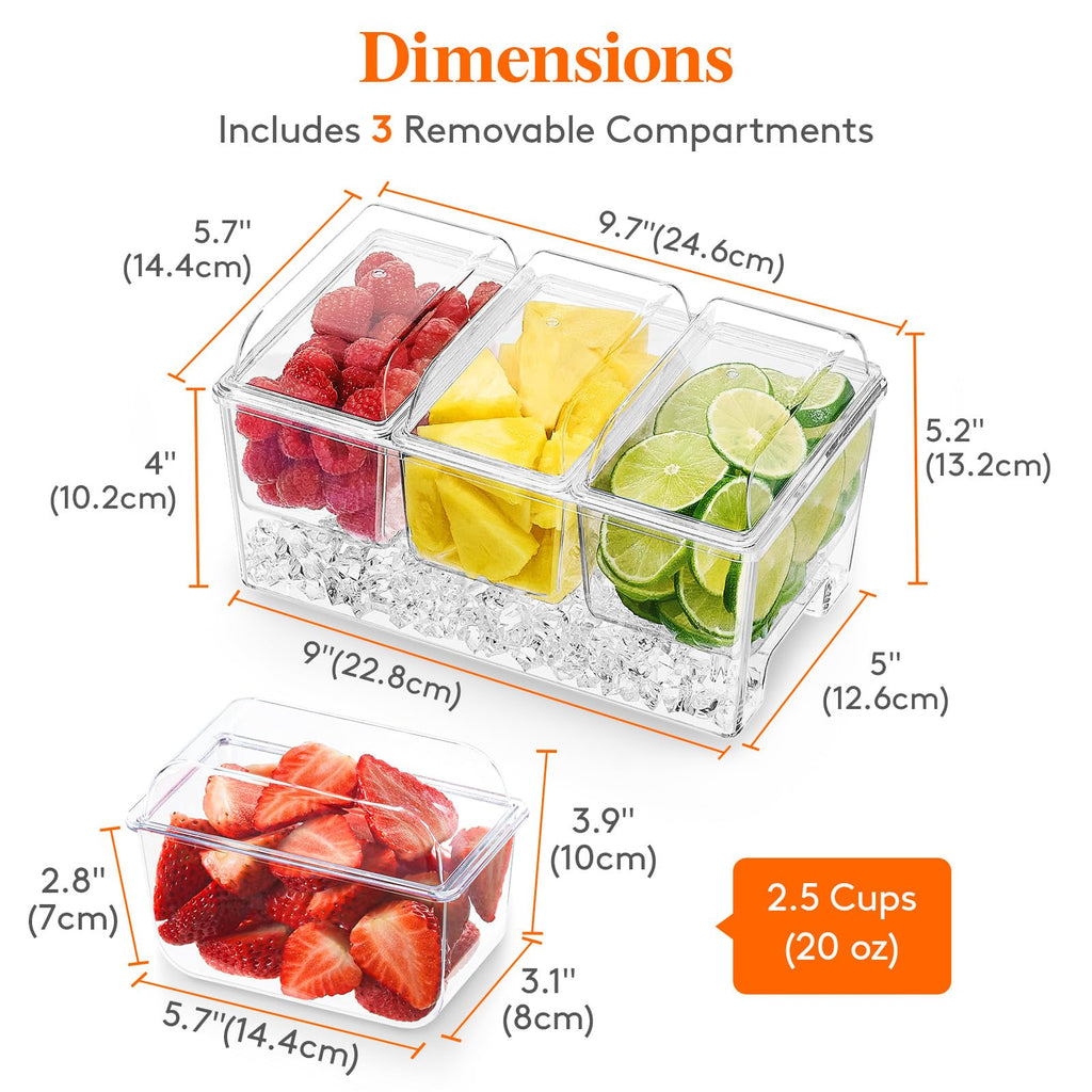 Lifewit Ice Chilled Condiment Caddy with 3 Containers(2.5 cup), Condiment Server with Separate Lids, Serving Tray Platter with Removable Dishes for Bar Accessories, Fruit, Salad, Taco, Party Garnish
