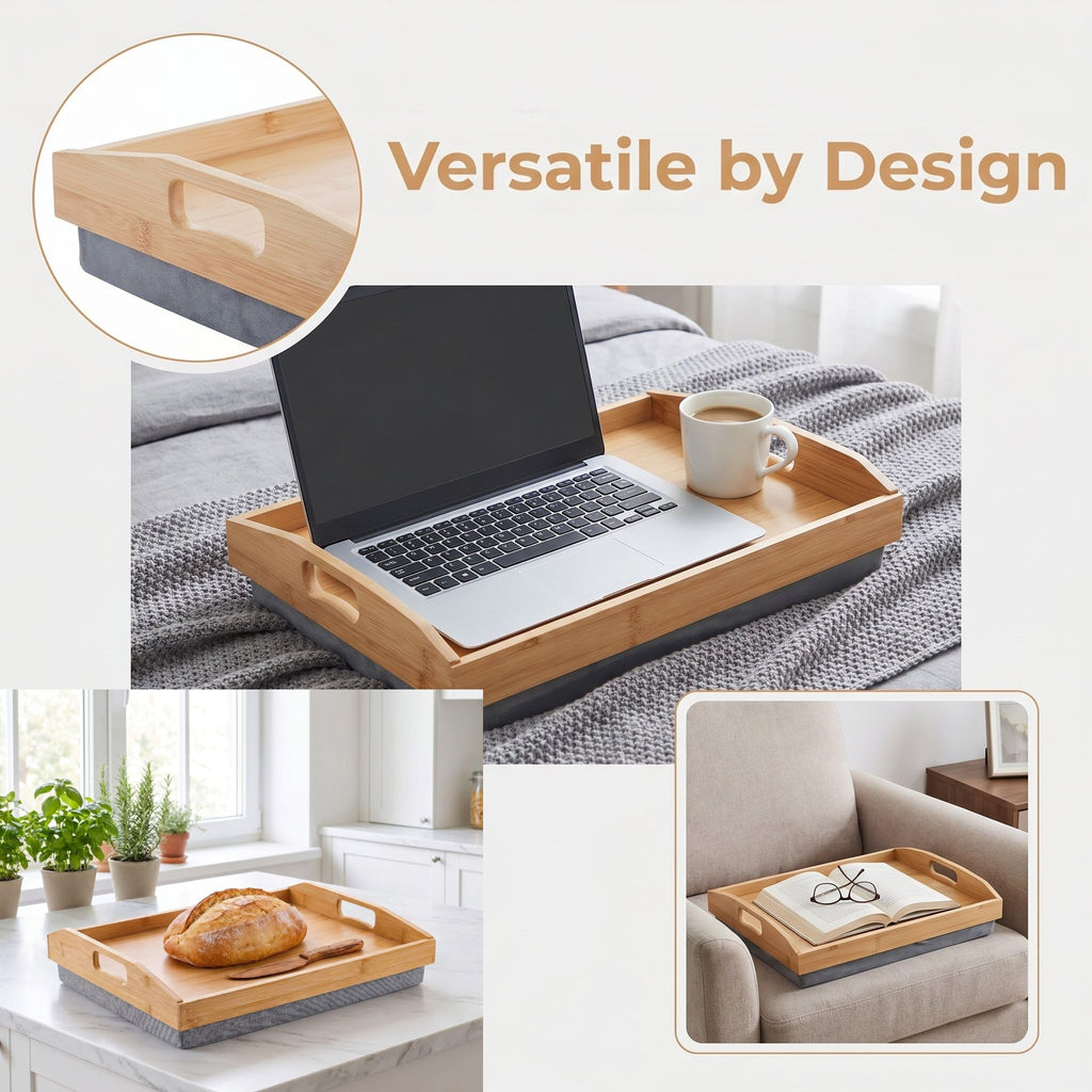 Cedilis Bamboo Lap Tray with Detachable Pillow, 16.9 x13 in Serving Tray with Handles, Bed Tray for Eating, Breakfast Tray, Dinner Food Trays
