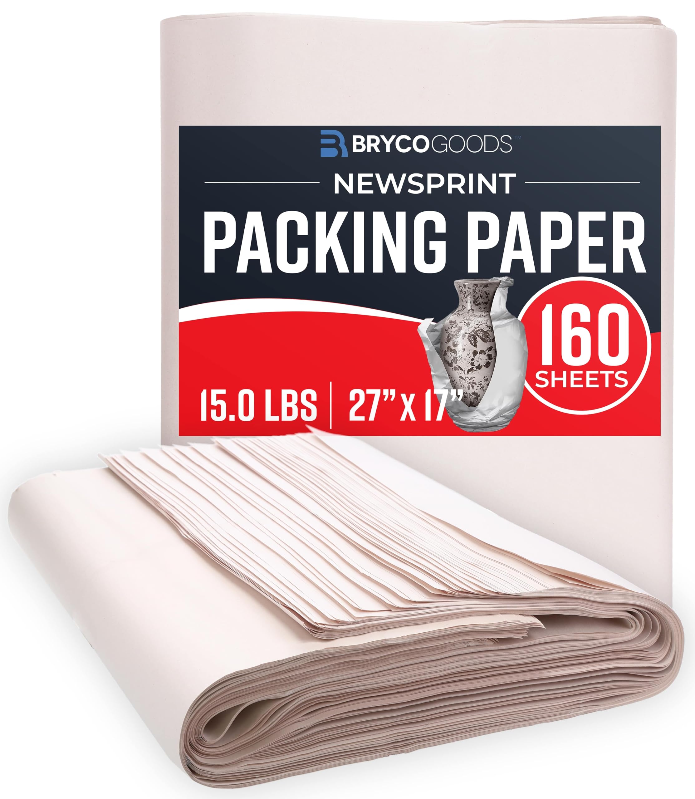 Bryco Goods Newsprint Packing Paper Sheets for Moving - 5lb - 160 Sheets - Moving & Shipping Supplies - 27" x 17" - Wrapping & Protecting Fragile Items - Newspaper Paper