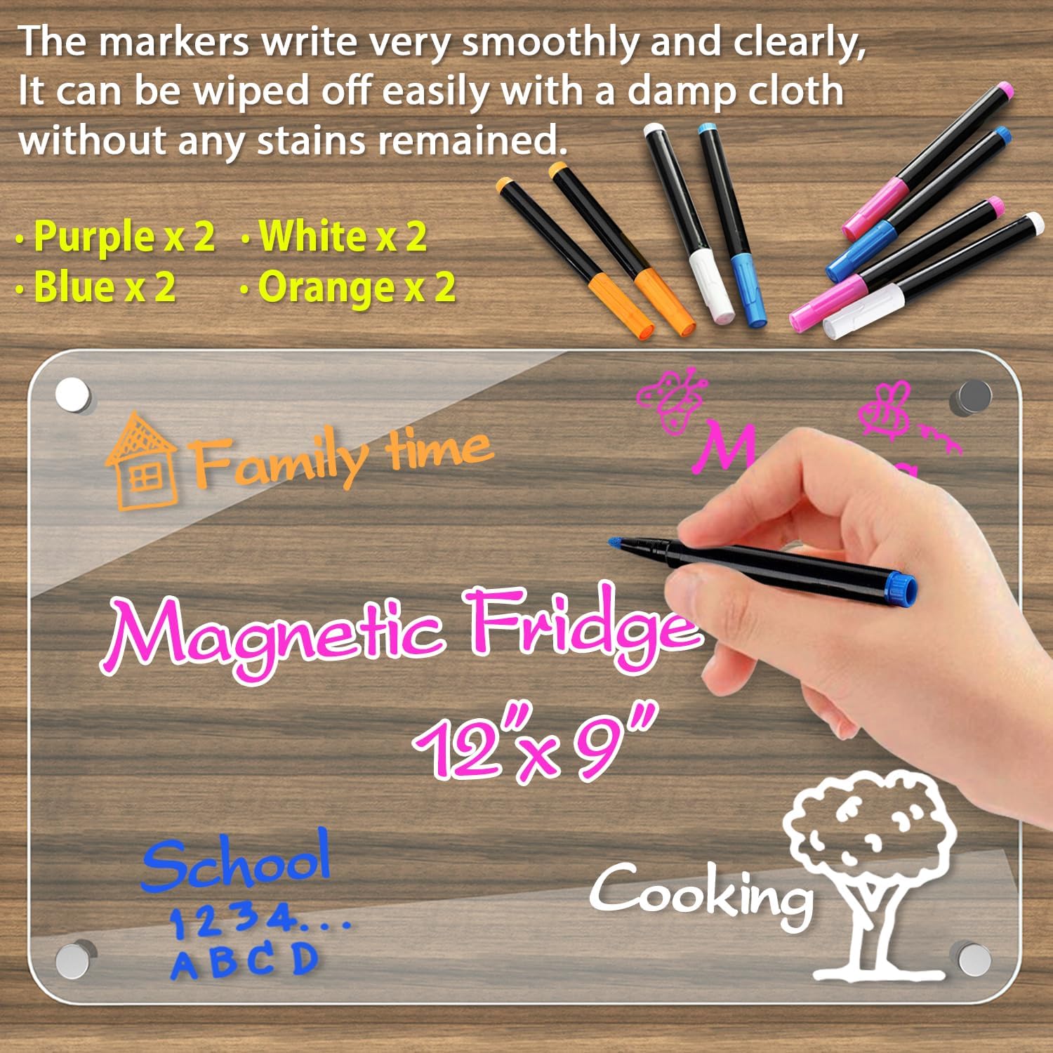 2 Pcs Magnetic Weekly Calendar for Fridge,9x12 Acrylic Magnet Dry Erase Board, Small Week Meal Planner Board for Refrigerator, Clear Whiteboard Calendar Includes 4 Colors Markers and Pen Container