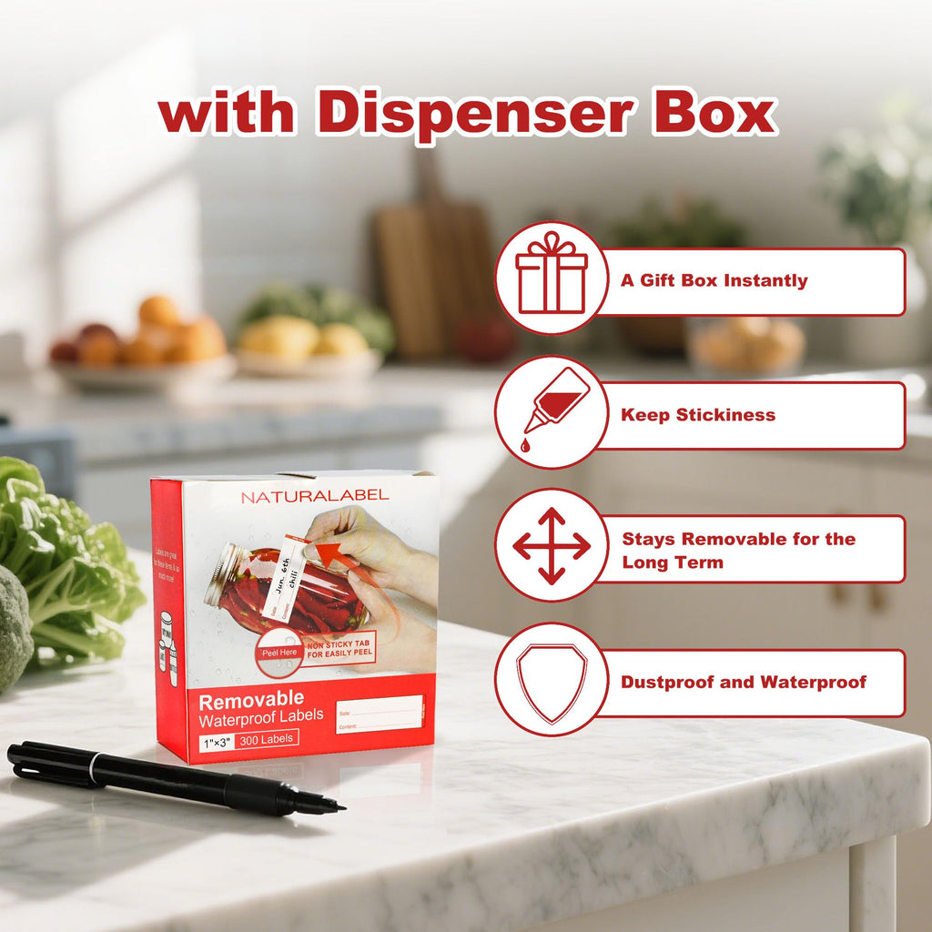 NATURALABEL 900 PCS Removable Freezer Labels with Dispenser - 1" x 3" Food Labels for Meal Prep Containers, Easy Peel-Off Design, No Residue (300 Labels/Roll, 3 Colors)
