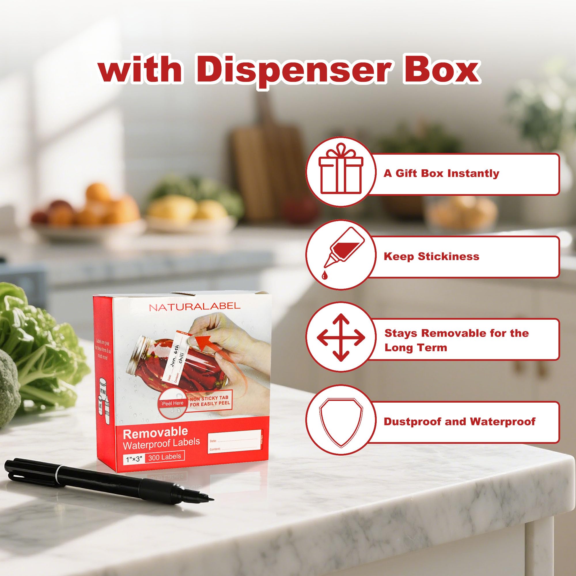 NATURALABEL 900 PCS Removable Freezer Labels with Dispenser - 1" x 3" Food Labels for Meal Prep Containers, Easy Peel-Off Design, No Residue (300 Labels/Roll, 3 Colors)