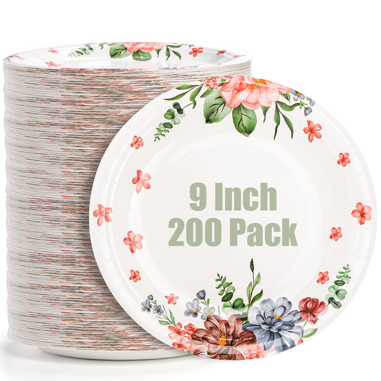 yarlung 200 Pack 9 Inch Disposable Paper Plates, Soak Proof Light Dinner Paper Plates Bulk Floral Printed Disposable Plates for Lunch, Salads, Parties Picnics and Everyday Use, Cut Resistant