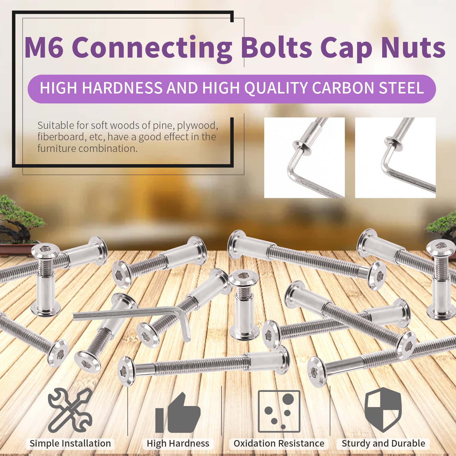Swpeet 120Pcs M6x16mm/20mm/25mm/30mm/35mm Nickel Plated Sliver Hex Drive Socket Cap Bolts Barrel Nuts Kit with 1Pcs Allen Wrench, Screw Post Fit for Furniture Countsunk Belt Leather Binding Bolts
