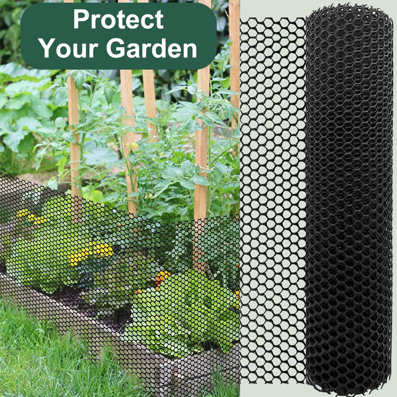 Matomtak Heavy Duty Rigid Plastic Wire Mesh Fence 15.7in x 20ft Large Roll Black Hexagonal Chicken Wire Netting with 100 Pcs Ties, Durable Poultry Floral Netting for Gardening, Construction Barrier