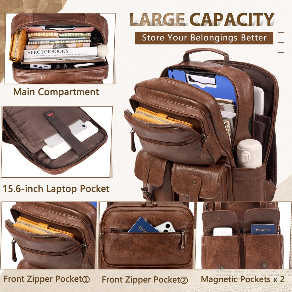 RAINSMORE Travel Backpack for Men & Women 15.6 Inch leather Laptop Bag with USB Charging Port Waterproof Laptop Backpack Large Capacity Carry On Backpack Computer Bag for College, Business and Travel