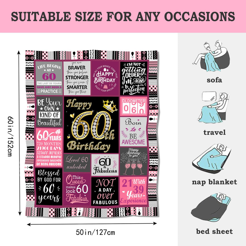 Shellspace 60th Birthday Gifts for Women, 1966 Happy Birthday Decorations for Women, 60 Year Old Unique Birthday Gift Ideas for Her Friend Mom Sister Grandma Wife, Soft Throw Blanket 60"X50"