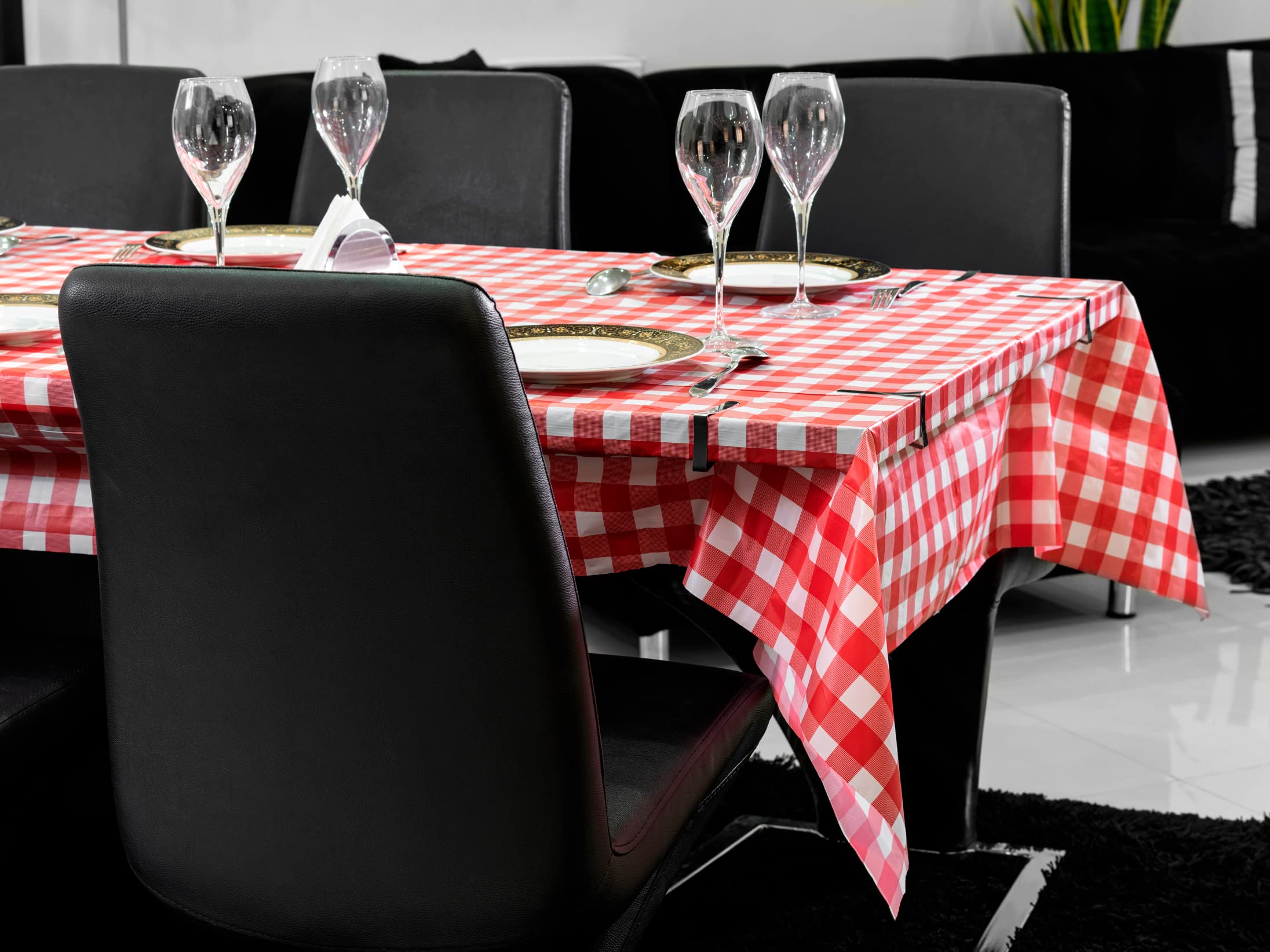 Neatalia Red Checkered Plastic Table Cover Roll - 54 in X 120 Ft - Disposable Red Checkered Table Cloth Roll with Cutter Box Great for Parties and Banquets Disposable Tablecloth Rolls | 6 Cover Clips