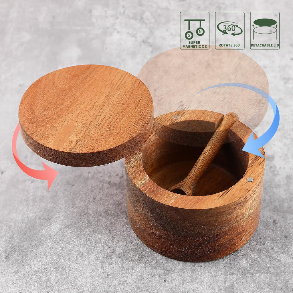 DGYLL Acacia Wood Salt Container with Spoon Keeper Salt Box Spice Storage Box Condiment Pot Sugar Bowl with Spoon and swiveling lid Size: 3.5DIA x 2.5H inch (1pc no Pattern/w Spoon)