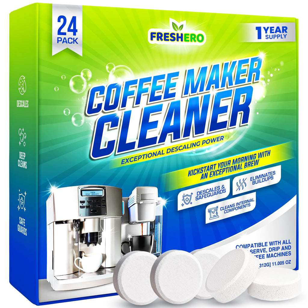 Freshero Coffee Machine Cleaner & Descaler Tablets – 24 Count, Compatible With Keurig, Breville, Ninja, Delonghi, Miele & Espresso Machines, Universal Cleaning Tabs for Coffee Maker Pots (24.0)