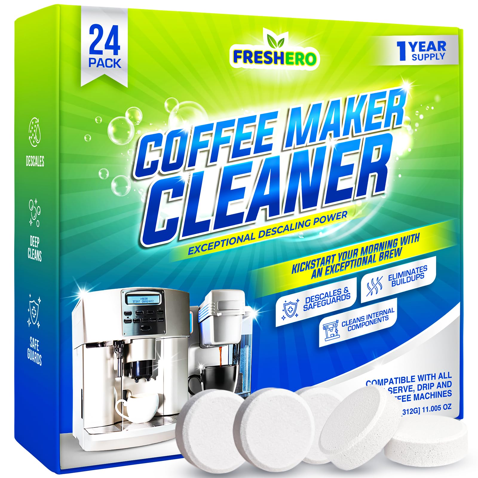 Freshero Coffee Machine Cleaner & Descaler Tablets – 24 Count, Compatible With Keurig, Breville, Ninja, Delonghi, Miele & Espresso Machines, Universal Cleaning Tabs for Coffee Maker Pots (24.0)