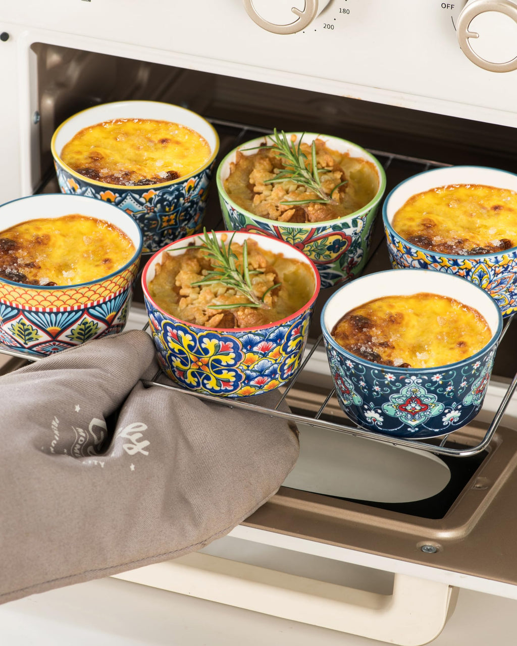 Ramekins Oven Safe for Creme Brulee - Porcelain Pudding Custard Cups 6 oz - Small Serving Bowls for Souffle, Dipping Sauce, Ice Cream, Baking Ramiken Set of 6 - Bohemian Style