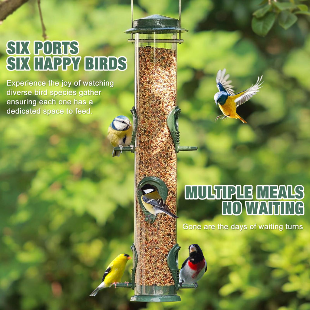ERYTLLY Metal Bird Feeders 6 Port Tube Bird Feeder for Wild Birds, 1.4mm Extra Thick Solid Tube Transparent with Steel Hanger Bird Feeders Squirrel Proof for Outside Green