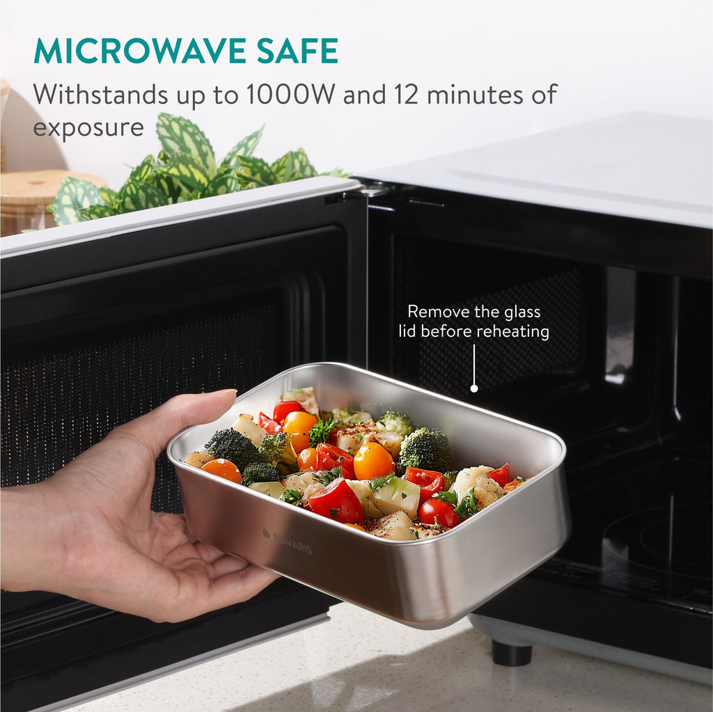 Navaris Microwave-Safe Steel Lunch Box - Microwavable & Reusable Stainless Steel Bento Box - Light & Durable - Lunch or Snack Container Bento Box and Food Storage - Set of 2 Brown
