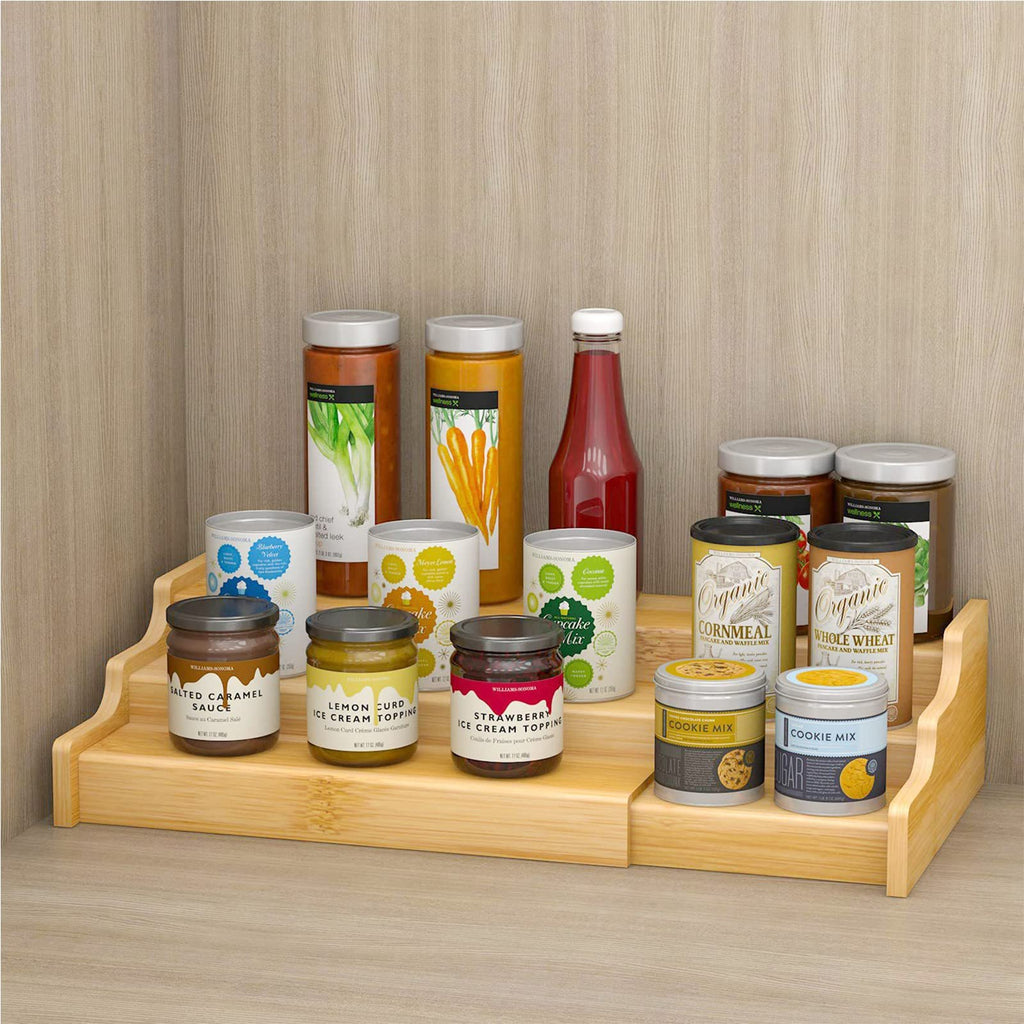 EATAKWARD Spice Rack Organizer, 3 Tier Expandable Spice Holder Kitchen Cabinet Spice Organizer Natural and Solid Bamboo Step Shelf Organizer SpiceTray Set for Cupboard, Countertop, Pantry