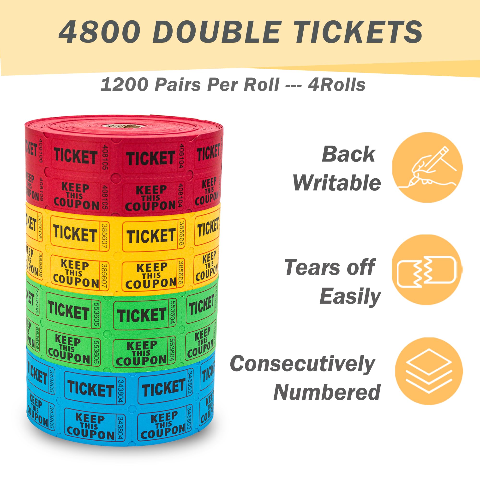 Homrelaxy 4800 Double Raffle Tickets, 1200 Tickets Per Roll, Assorted 50/50 Raffle Tickets Roll, for Events, Entry, Carnivals, and Door Prizes (Blue/Red/Green/Yellow)