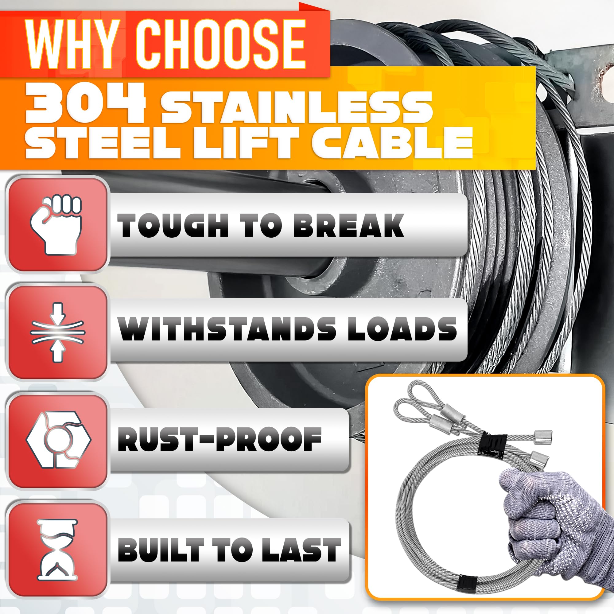 Garage Door Cables for 7 ft Door – 8 ft 6 inch Long, Heavy-Duty 304 Steel Galvanized Cables (Pack of 2) | Corrosion-Resistant, Rust-Proof Wire, Durable, Smooth Operation, Easy Installation, Reliable