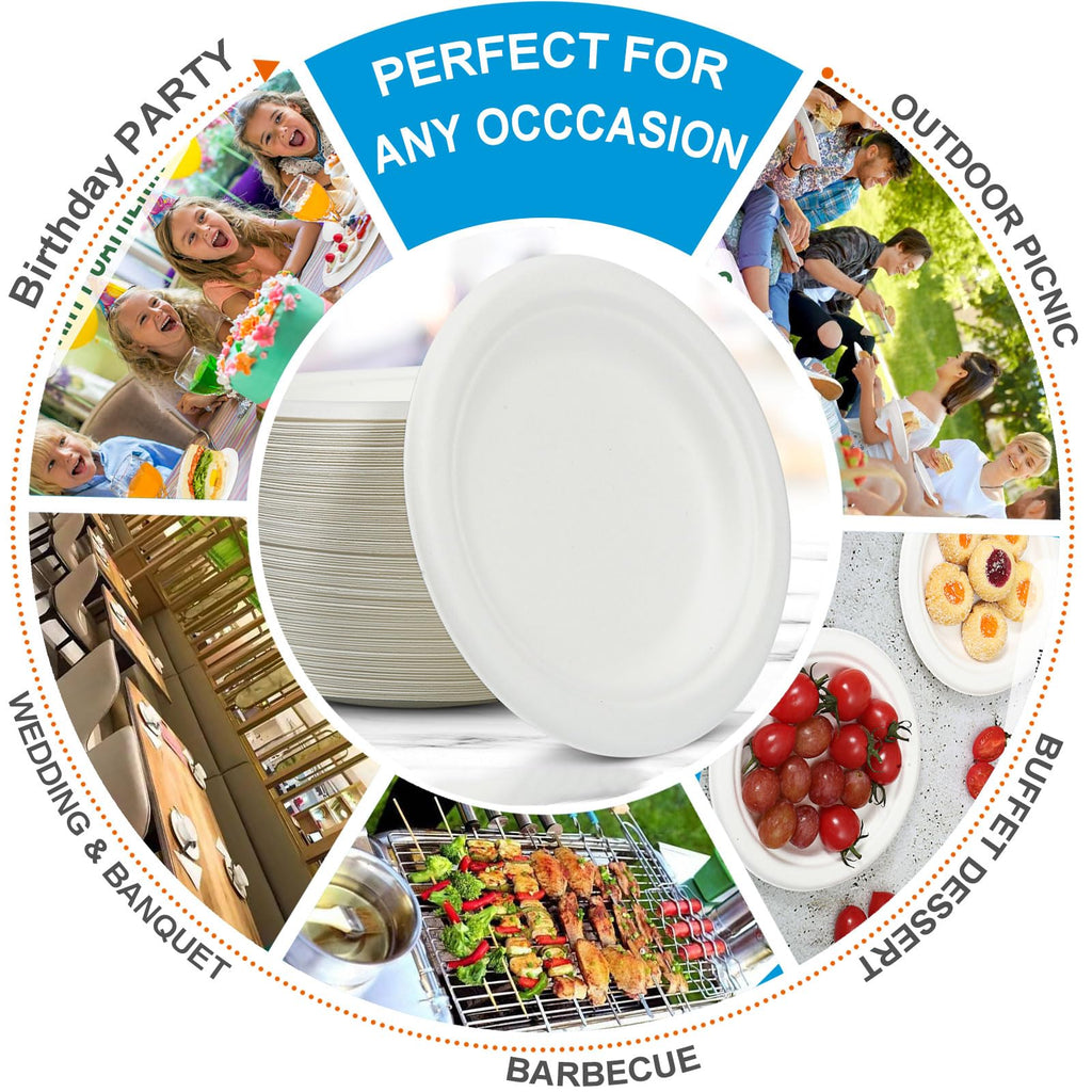 Disposable Large White Paper Plates 9 Inch - 100 Counts Heavy Duty Natural Bagasse Plates, Compostable & Oil-Proof, Microwave Safe for Family Christmas Dinner, Kids Pizza Nights & Fried Chicken Meals