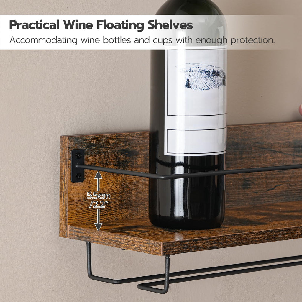 HOOBRO Wine Rack Wall Mounted 2 Pack, Wine Shelf Hanging Floating Wall Shelves, Wine Glass Bottle Rack Stemware Holder, for Living Room, Dining Room, Kitchen, Rustic Brown and Black BF28BJ01