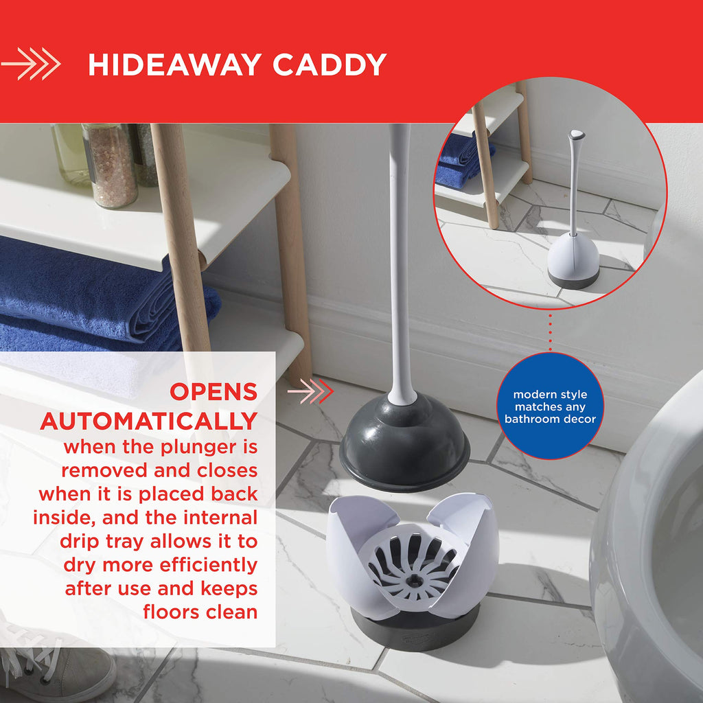 Clorox Toilet Plunger with Hideaway Storage Caddy, White/Gray