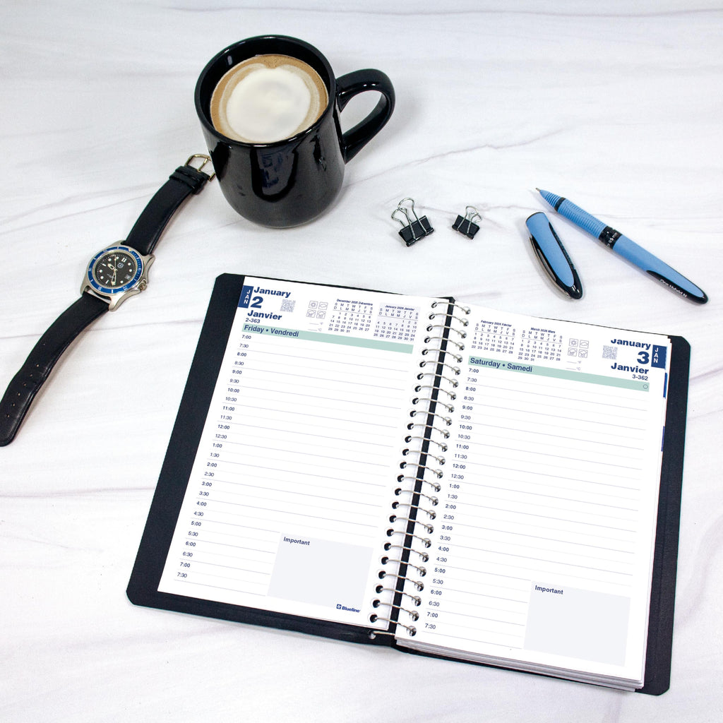 Blueline® 2026 Essential Daily Planner, Appointment Book, 12 Months, January to December, Spiral Binding, 8" x 5", Black, Bilingual (C1504.81BT-26)