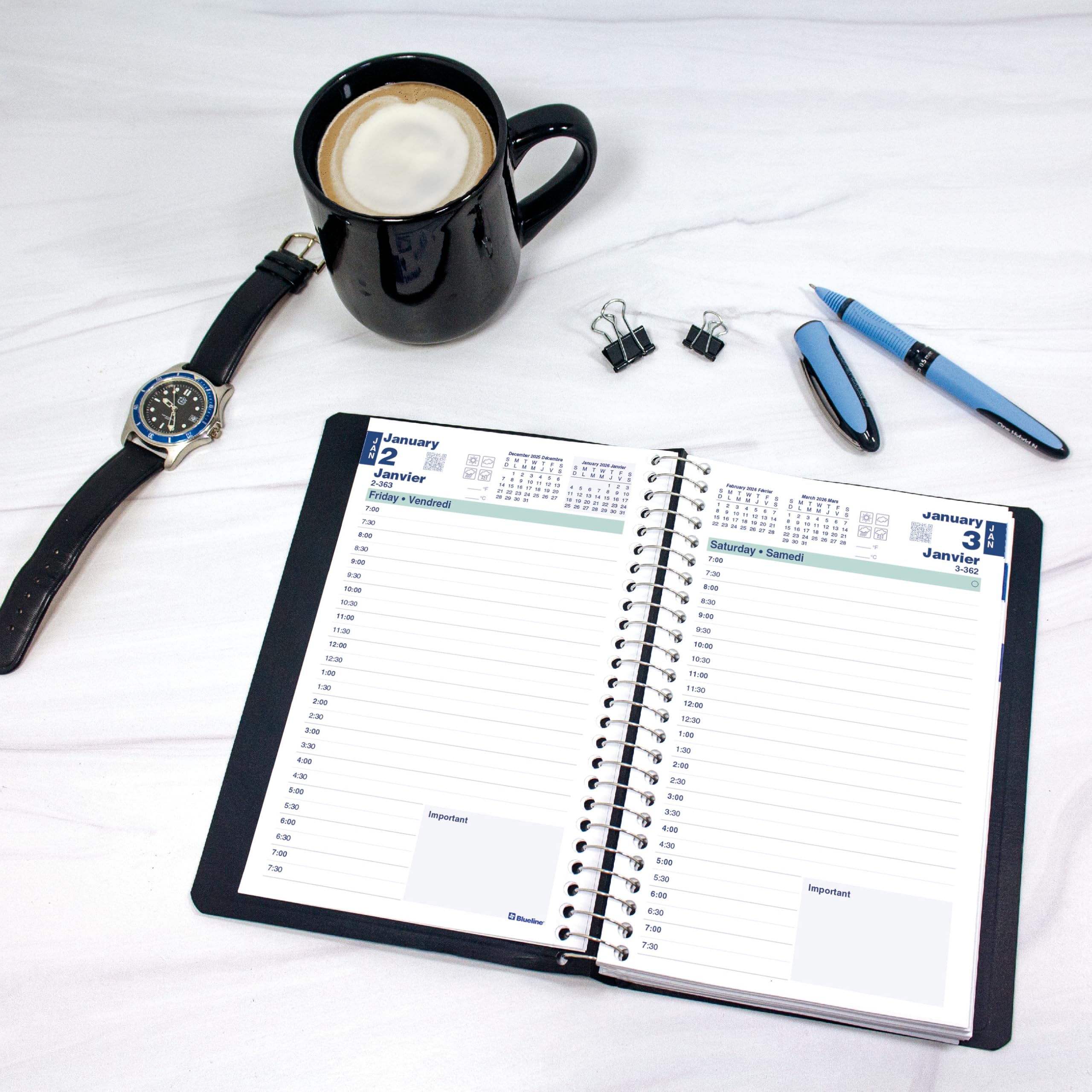 Blueline® 2026 Essential Daily Planner, Appointment Book, 12 Months, January to December, Spiral Binding, 8" x 5", Black, Bilingual (C1504.81BT-26)
