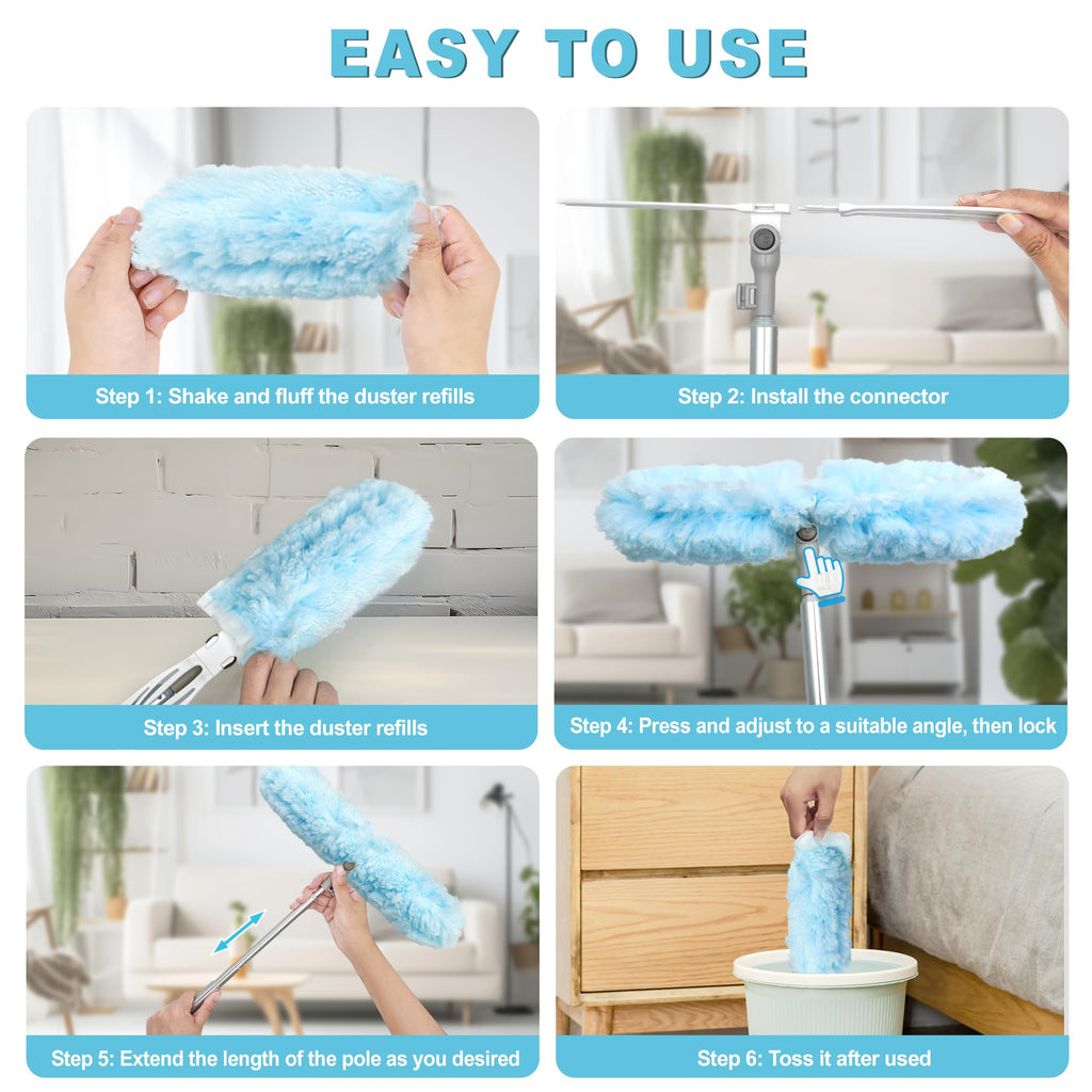 JEHONN Duster with 6 ft Extension Pole, 10 Refills Compatible with Swiffer Super Extendable Handle Heavy Duty Dusting Wand Starter Kit for Cleaning High Ceiling Fan Shelves Vent Window Blind