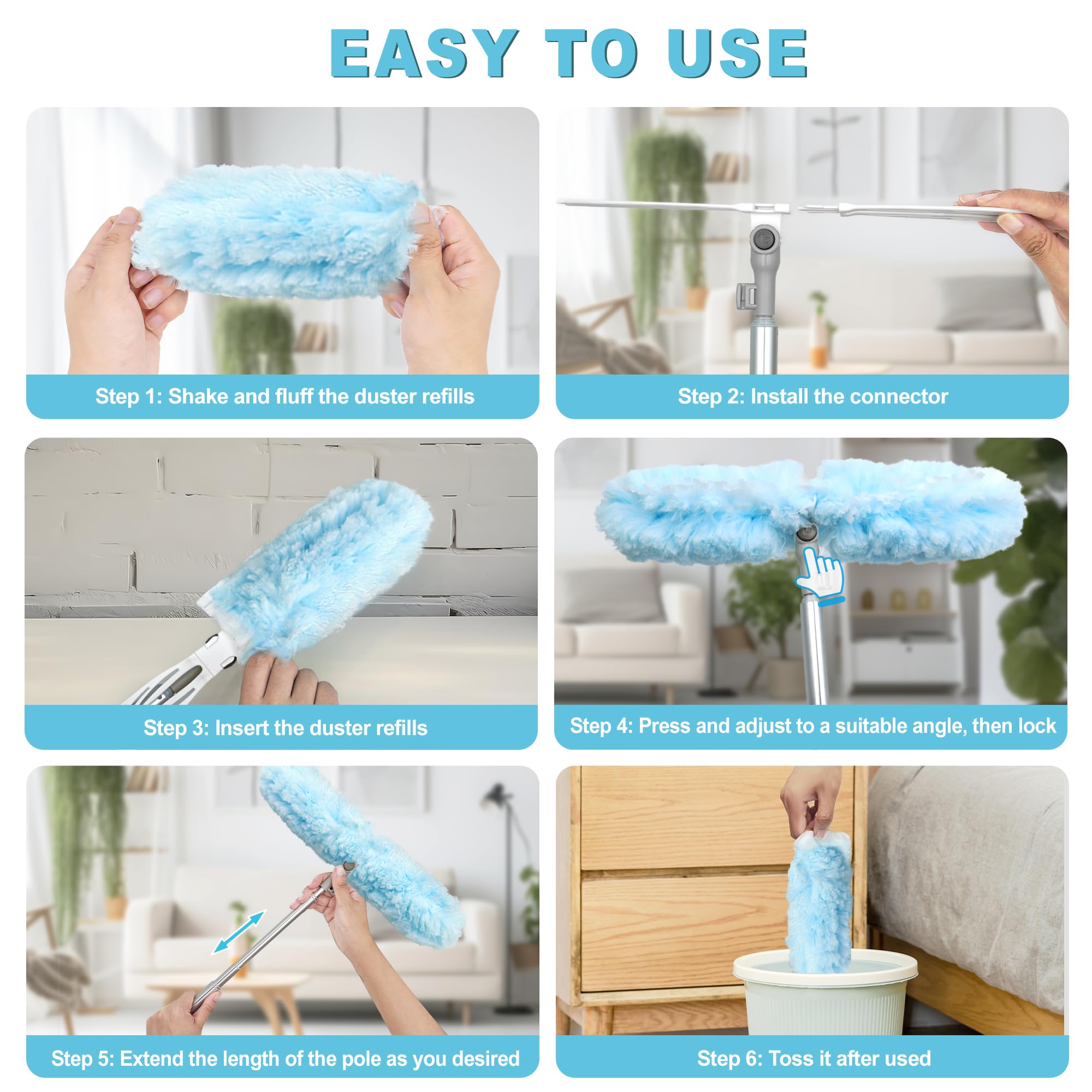 JEHONN Duster with 6 ft Extension Pole, 10 Refills Compatible with Swiffer Super Extendable Handle Heavy Duty Dusting Wand Starter Kit for Cleaning High Ceiling Fan Shelves Vent Window Blind
