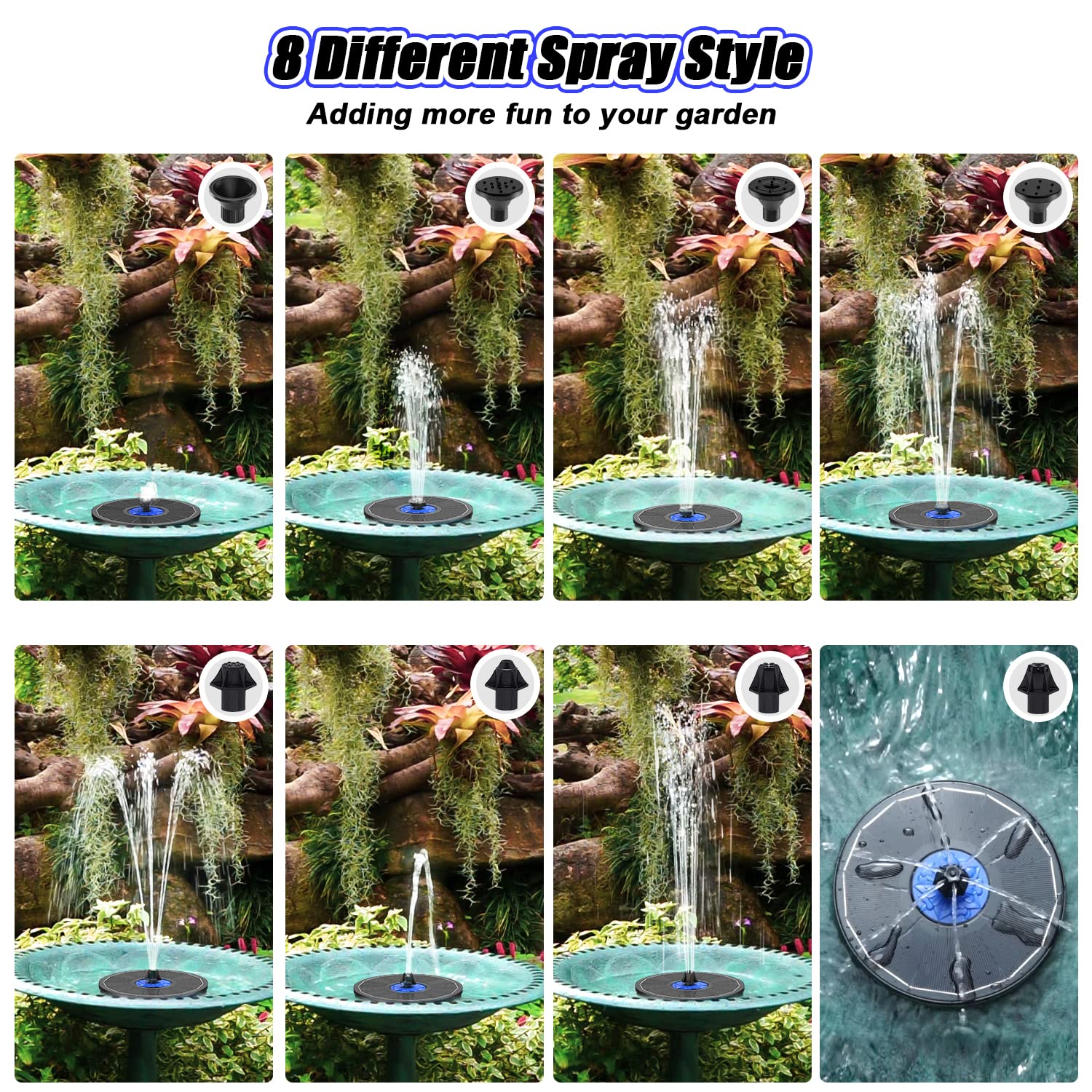 SZMP Solar Fountain Upgrade, 3.5W Solar Powered Bird Bath Fountains with Flower, Outdoor Water Feature Solar Fountain Pump with 7-in-1 Nozzles, 4 Fixed Pipes for Humingbirds, Birdbath, and Garden