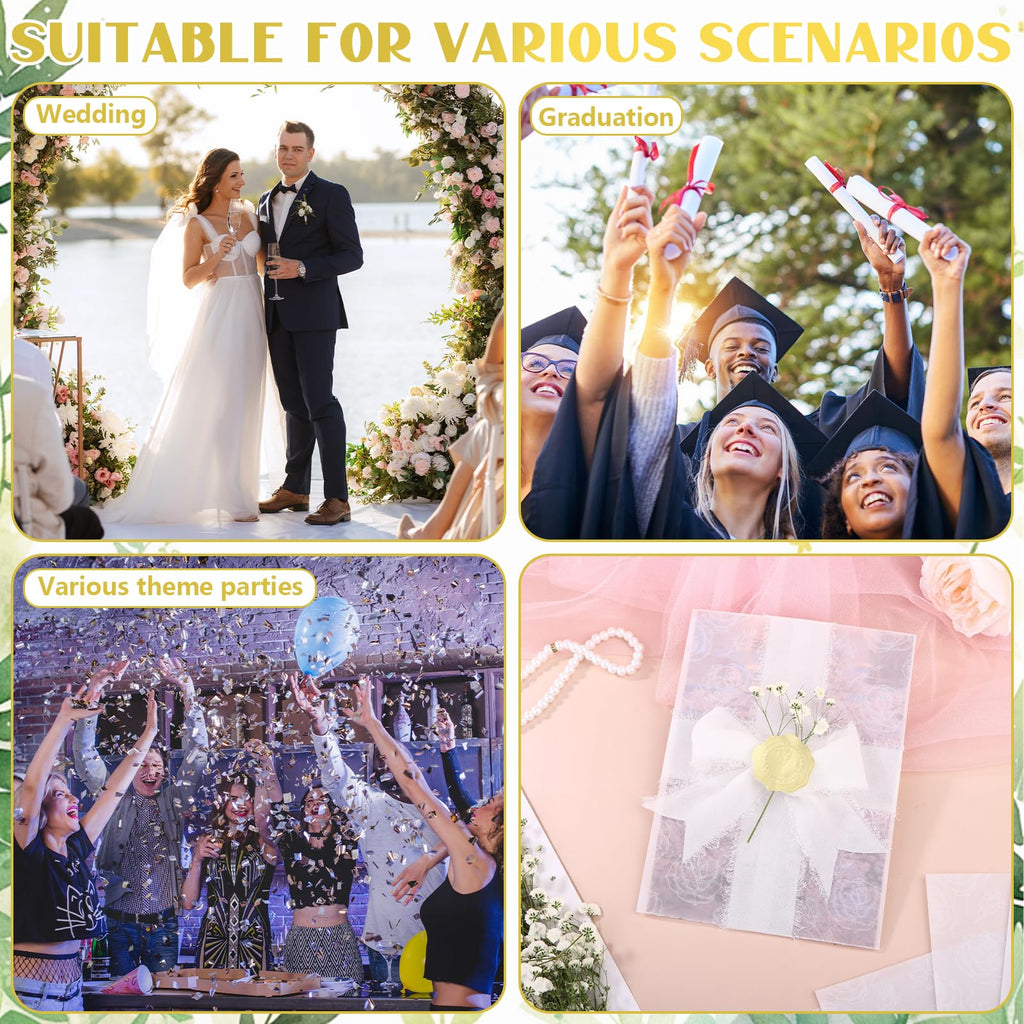 50 Sets Wedding Invitations Wraps Include 5 x 7 Pre Folded Vellum Jackets White Rose-Printed Transparent Paper Envelope Dried Baby's Breath Flowers Gold Foil Heart Stickers Chiffon Ribbons for Wedding