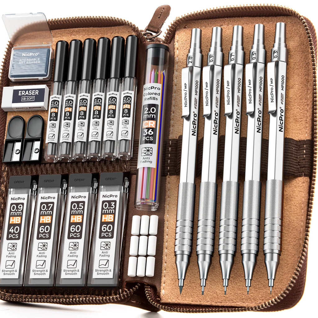 Nicpro 20PCS Metal Mechanical Pencil Set in Leather Case, 0.3, 0.5, 0.7, 0.9 mm & 2mm Lead Pencil Holders, 9 Tube (4B 2B HB 2H) Lead Refills(Black & Colors), Erasers For Art Drafting Sketching Drawing