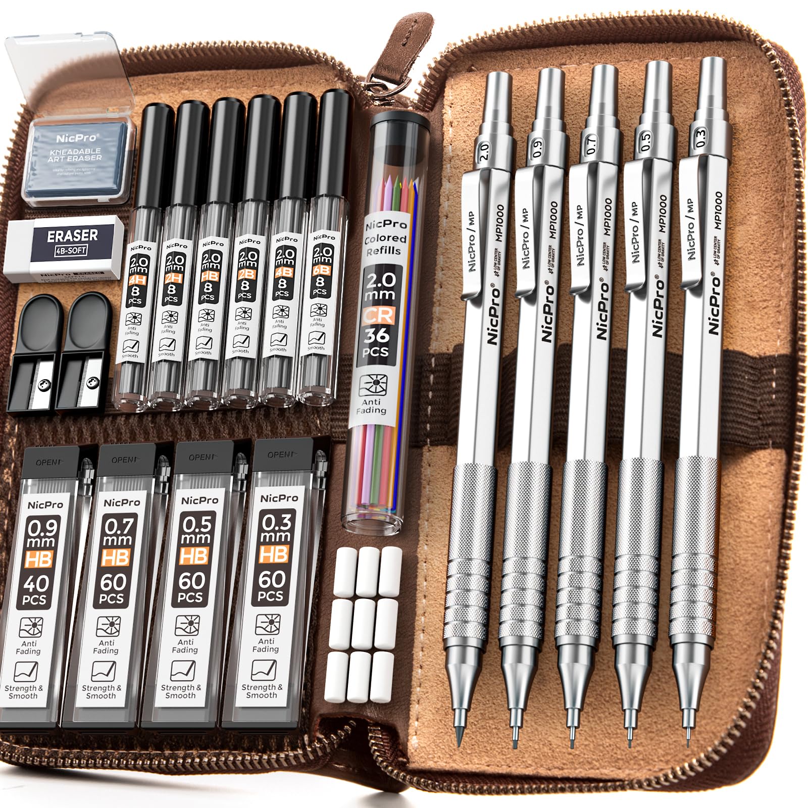 Nicpro 20PCS Metal Mechanical Pencil Set in Leather Case, 0.3, 0.5, 0.7, 0.9 mm & 2mm Lead Pencil Holders, 9 Tube (4B 2B HB 2H) Lead Refills(Black & Colors), Erasers For Art Drafting Sketching Drawing