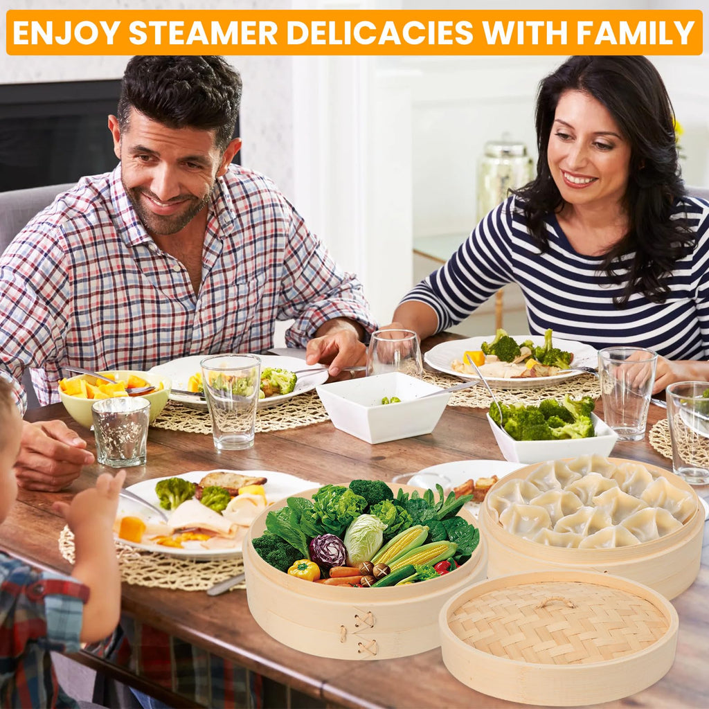 61 PCS 8 Inch 2 Tier Bamboo Steamer, Bamboo Steamer Basket, Dim Sum Basket, with 1Ring Adapter, 2Reusable Silicone Liner, 2 pairs of chopsticks, 2Sauce Dishes, 50Paper Liners, 1Ring