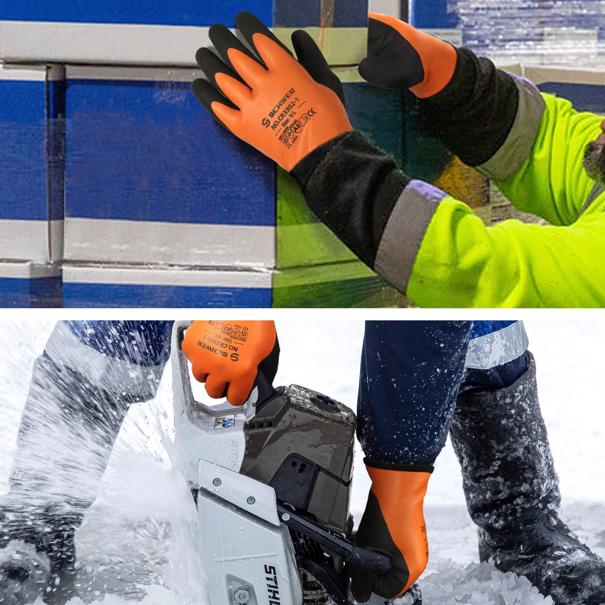 Schwer 2 Pairs FreezeGuard Winter Work Gloves, ANSI A2 Cut Resistant Freezer Gloves for Outdoor Cold Weather Keep Hands Warm, Waterproof Gloves for Shoveling Snow, Ice Fishing, L