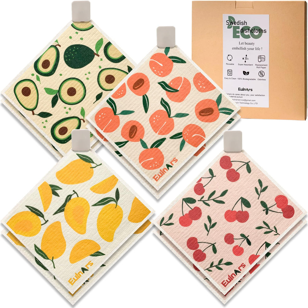 Eulnars Swedish Dish Cloth, 8-Pack Reusable Paper Towels, Swedish Dish Cloth with 3 Clips, 9 Classified Labels, Quick Drying Washable Dish Cloths, Super Absorbent Kitchen Towels, Odorless