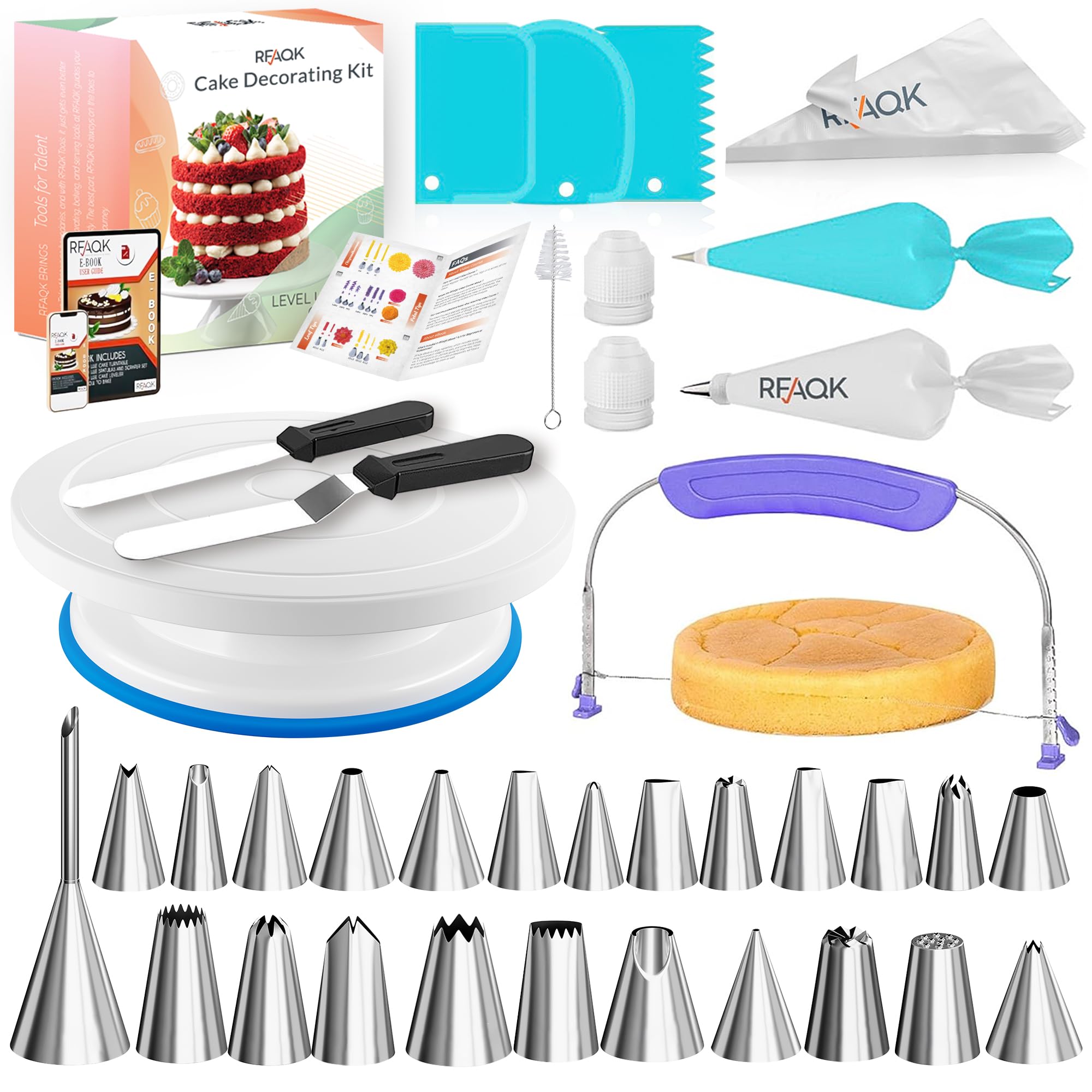 RFAQK 65 PCs Cake Decorating Kit Set with Cake Turntable-Cake leveler-24 Numbered Piping Tips with Pattern Chart & EBook- Straight & Offset Spatula-30 Piping Bags- 3 Scraper Set & Baking Supplies