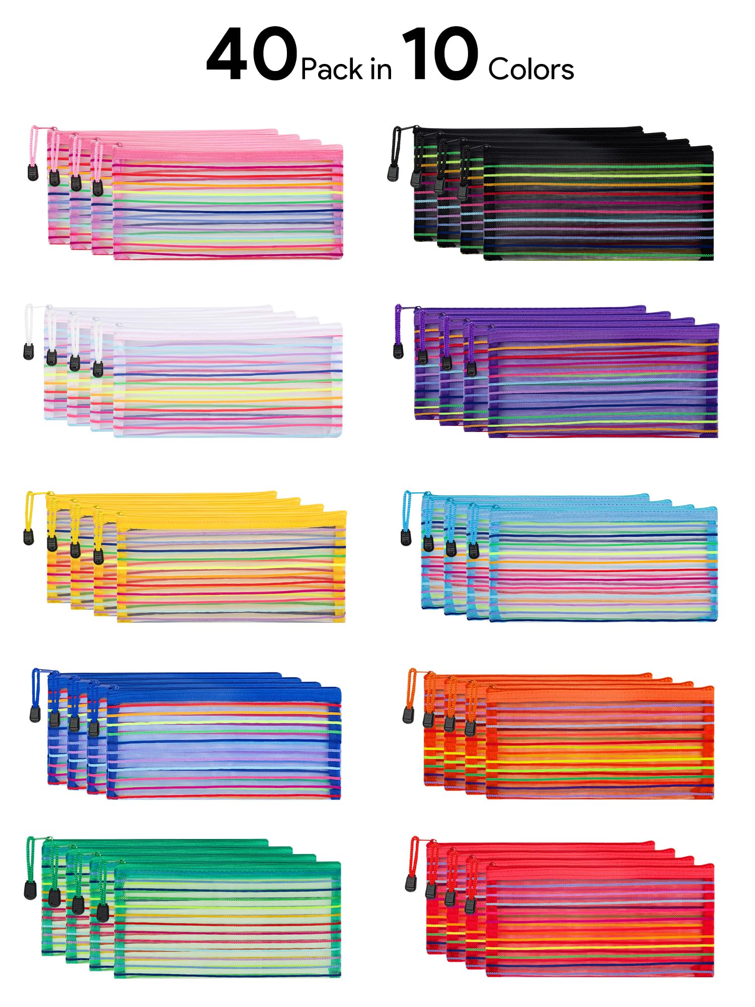 JARLINK 40 Pack 10 Colors Zipper Mesh Pouch, Storage Pencil Pouches, Multipurpose Pencil Pouch Bulk for School and Office Supplies, Cosmetics Travel Accessories, Multicolor