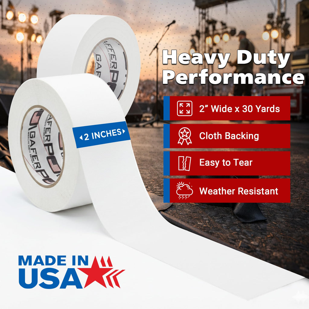 Real Premium Grade Gaffer Tape by GafferPower® - Made in the USA - White 2 in X 30 yds – Heavy Duty Gaffer's Tape - Non-Reflective - Multipurpose - Better Than Duct Tape (White)