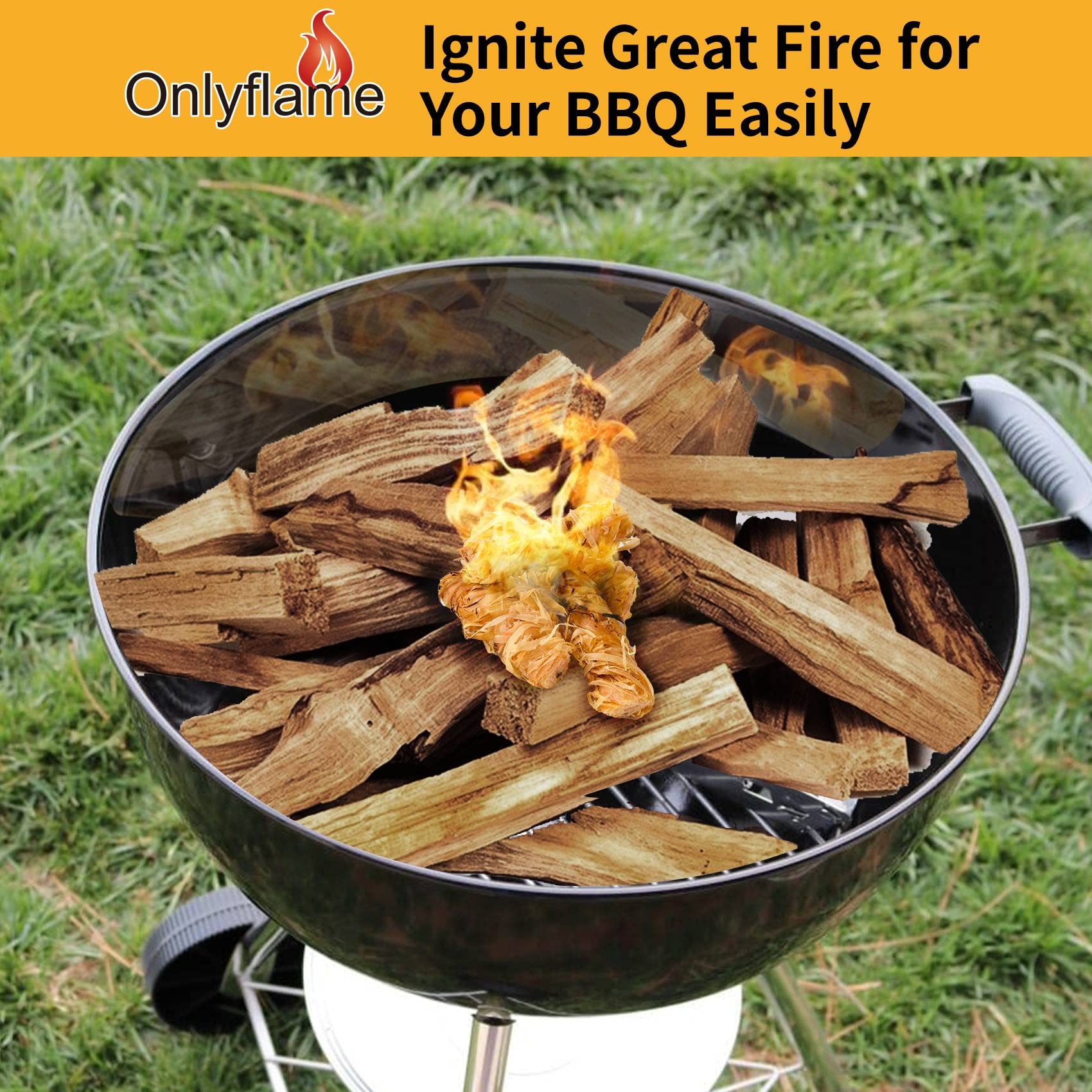 Onlyflame 50 pcs Wax Wood Silk Roll - 100% Natural Charcoal Fire Starters for Fireplace, Wood Stove, Campfires, Fire Pit, BBQ, Chimney, Pizza Oven - Charcoal Starters for Indoor/Outdoor Use