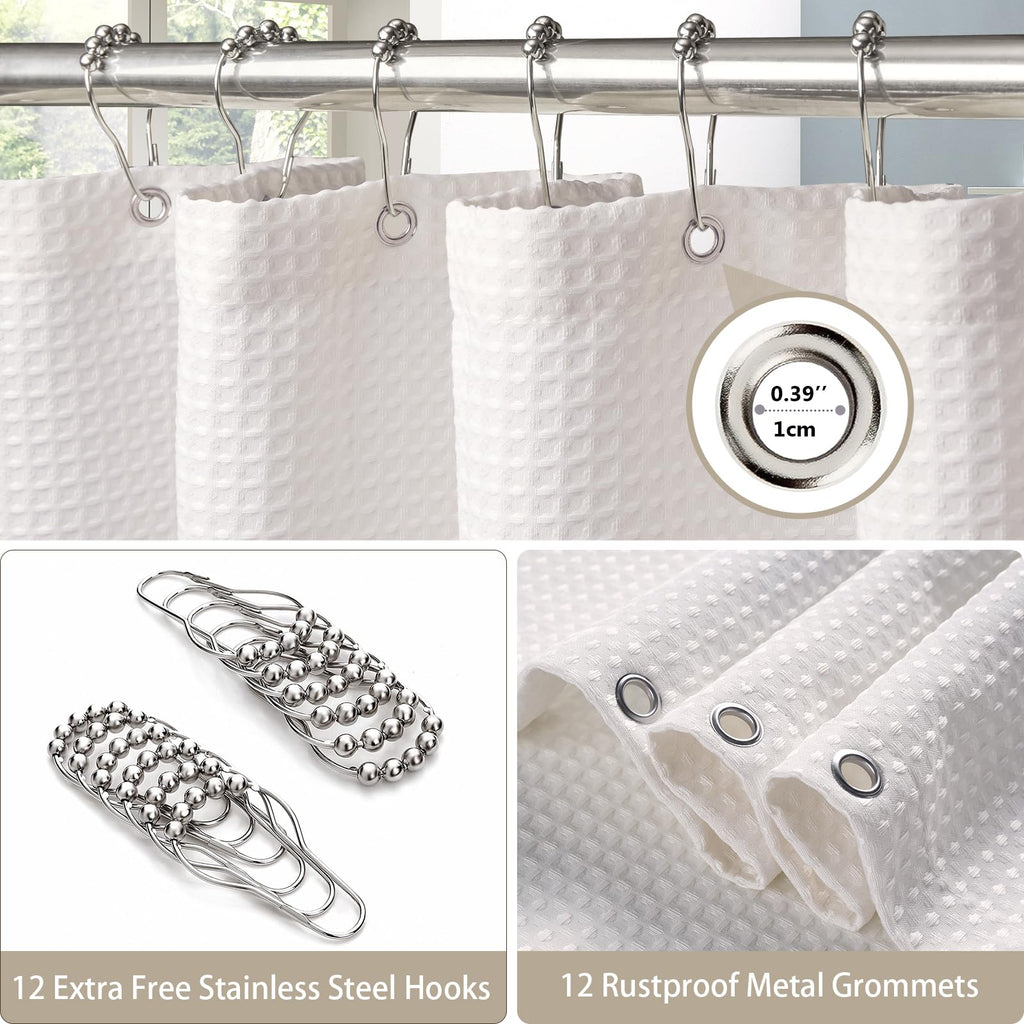 Waffle Weave Shower Curtain with Stainless Steel Hooks - 256 GSM Heavy Duty Fabric Bath Curtains, Hotel Luxury Quality, Water Resistant, Machine Washable, Weighted Hem, 72 x 72 Inches (White)