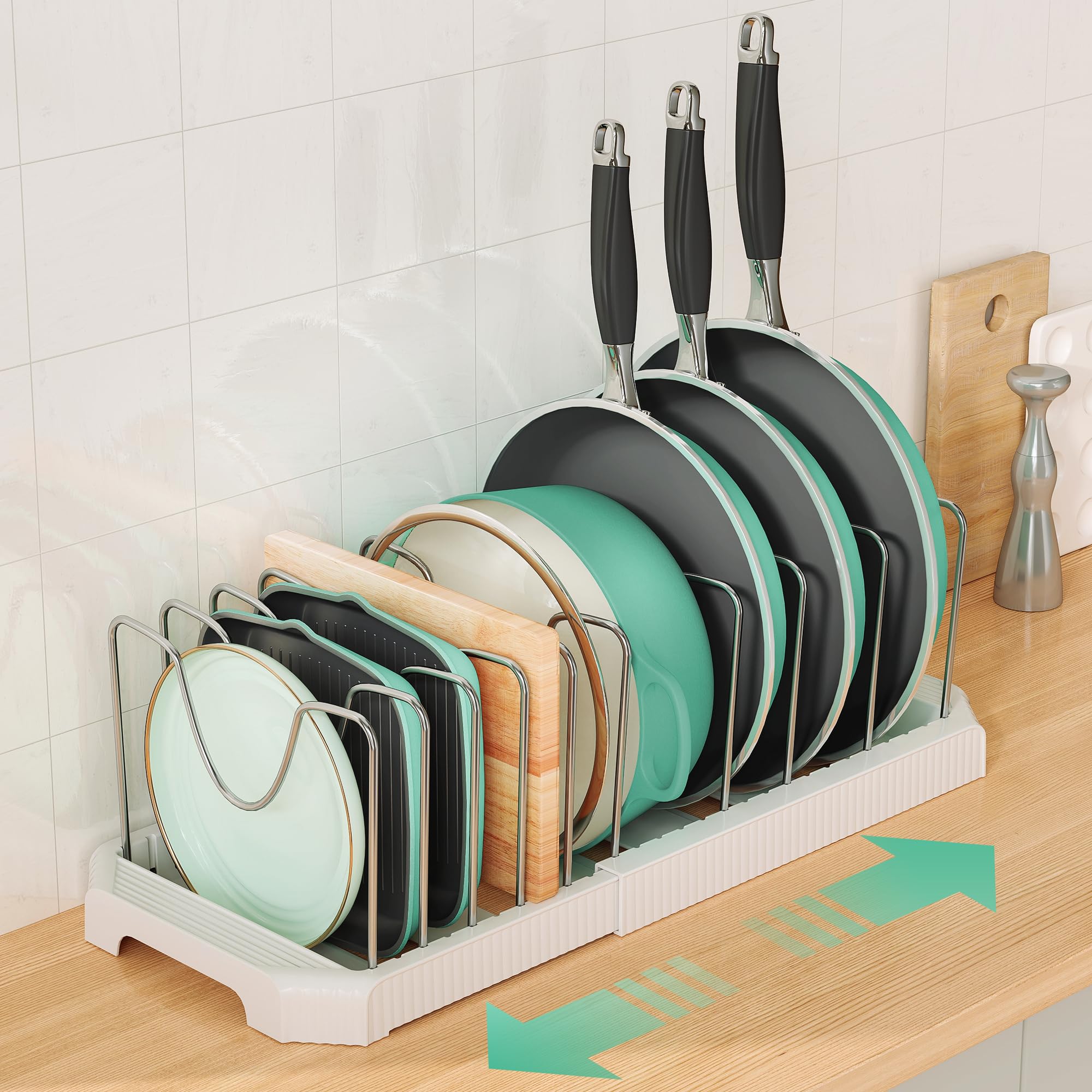 Pots and Pans Organizer for Under Cabinet, Expandable Pan Pot Organizers Inside Cabinet, Pot Rack for Kitchen Organizers and Storage Holder with Adjustable Compartment