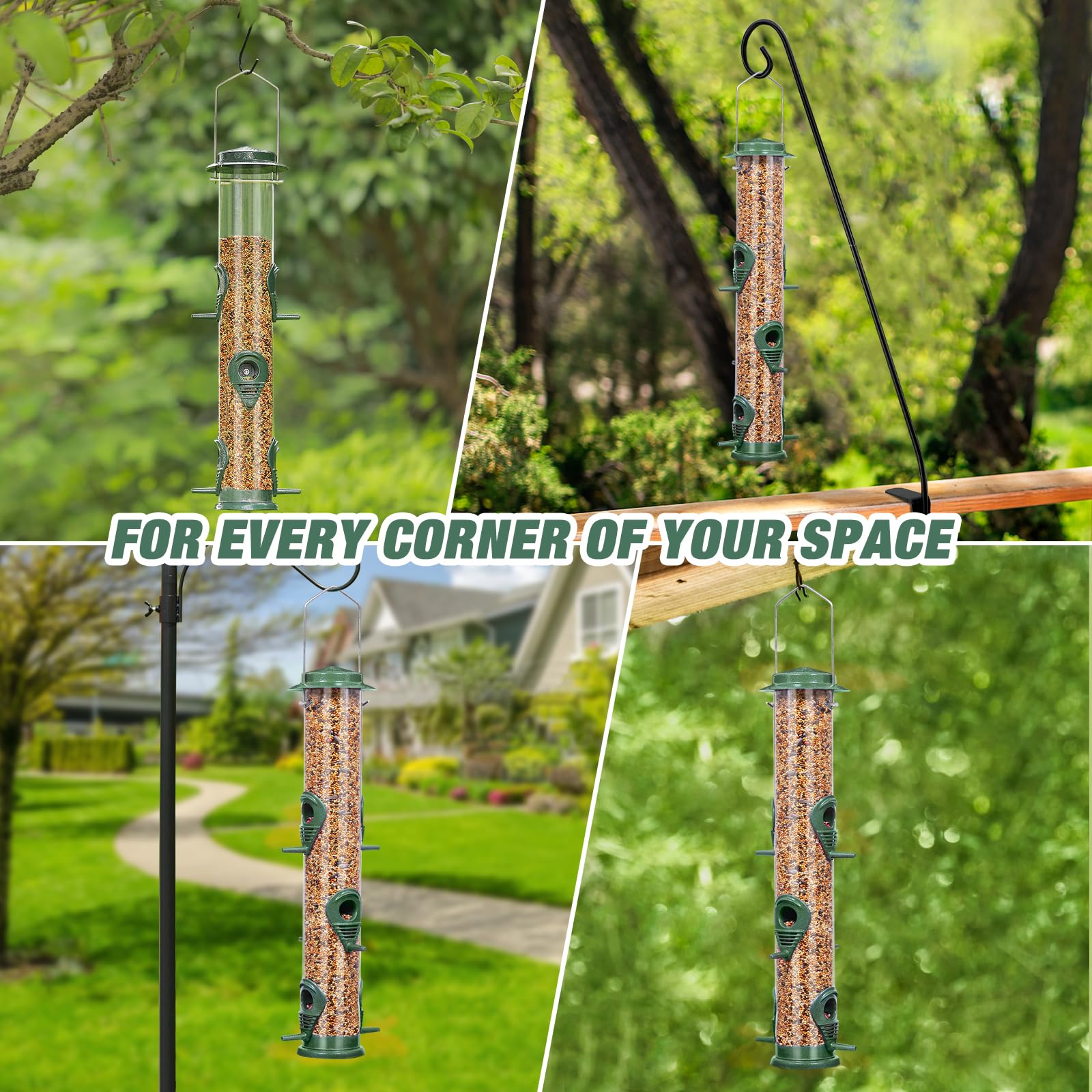 ERYTLLY Metal Bird Feeders 6 Port Tube Bird Feeder for Wild Birds, 1.4mm Extra Thick Solid Tube Transparent with Steel Hanger Bird Feeders Squirrel Proof for Outside Green