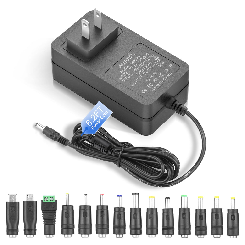 ALITOVE 12 Volt Power Supply 2.5A AC/DC Adapter 100~240V 50-60hz to DC 12V Power Cord Transformer 2.5 Amp AC to DC Converter 6.2FT with 14 Tips for LED Light CCTV Security Camera PC Monitor Router