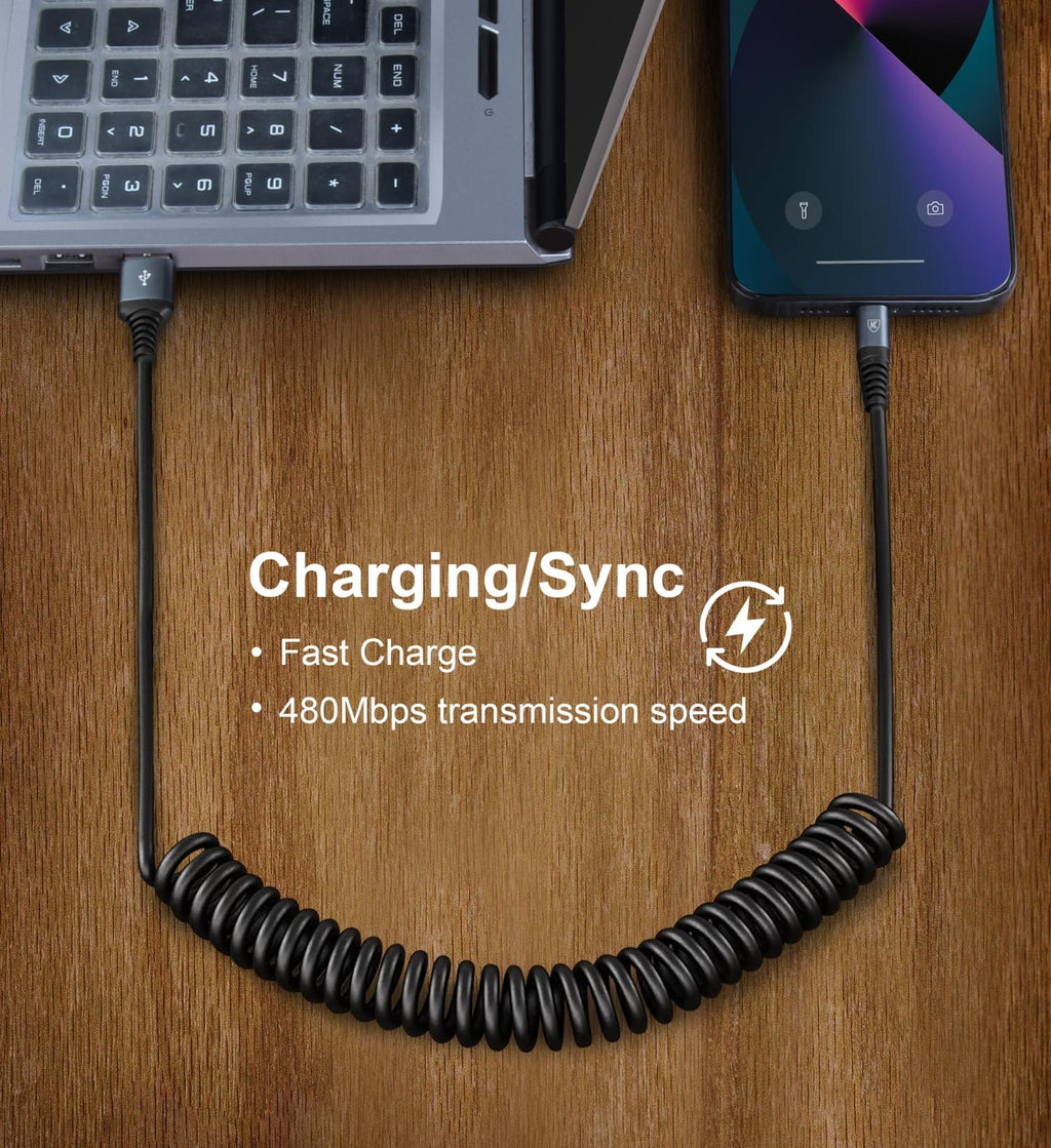 Coiled Lightning Cable, iPhone Charger Cable 3FT for Car [Apple MFi Certified] 3 Feet Lightning Cord Compatible with iPhone 14 13/12/11 Pro Max/XS MAX/XR/XS/X/8/7/Plus/6S iPad/iPod - Black