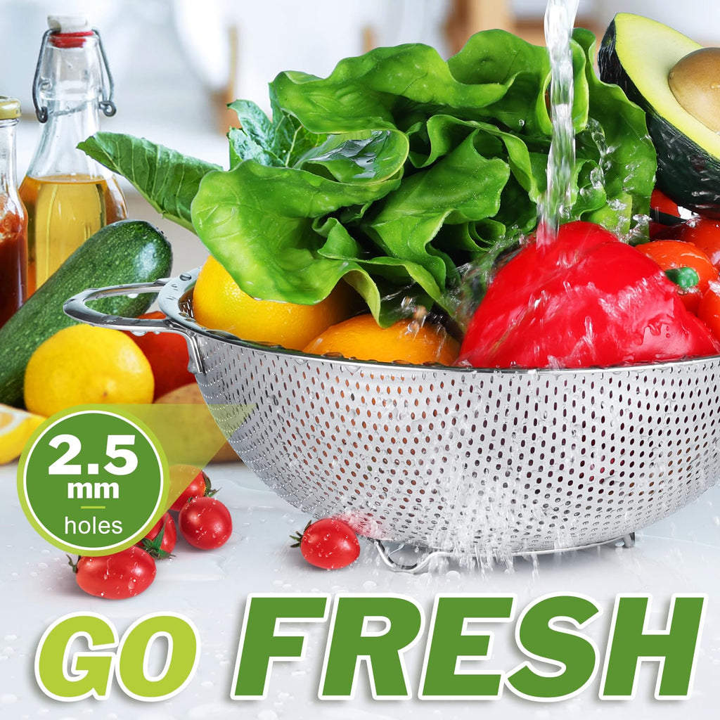 HaSteeL Stainless Steel Colander Set of 3, Micro-Perforated Metal Colander Strainer with Handle, Ideal for Kitchen Draining/Rinsing/Washing Pasta Spaghetti Vegetable Fruit, Dishwasher Safe - 1/3/5 QT