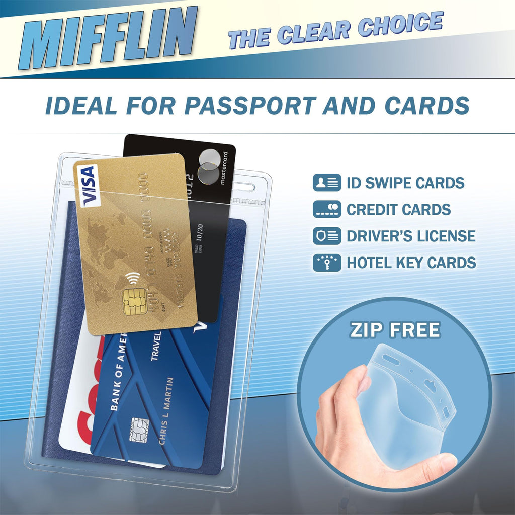 MIFFLIN Passport Holders (Clear, 108x152 mm, 50 Pack), Extra Large ID Name Badge Holder, Zipperless Vertical Plastic Card Holders