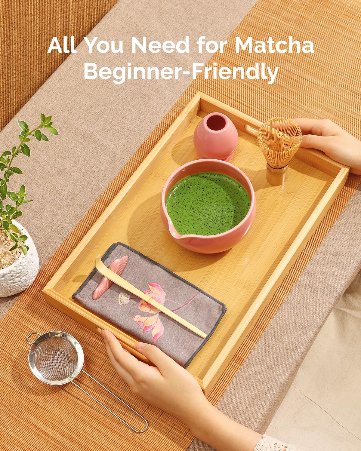Maestri House Matcha Whisk Set, 7 Pcs Ceramic Matcha Kit with Spouted Bowl, Matcha Whisk & Holder, Bamboo Scoop, Scoop Rest, Sifter & Cloth – Complete Matcha Gift Set for Beginners & Tea Lovers（Pink）